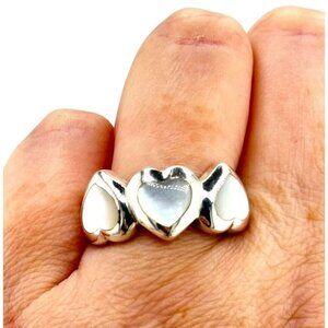 Sterling Silver 925 3 Mother Of Pearl Heart Band Ring Size 8.75 Signed Love Pret